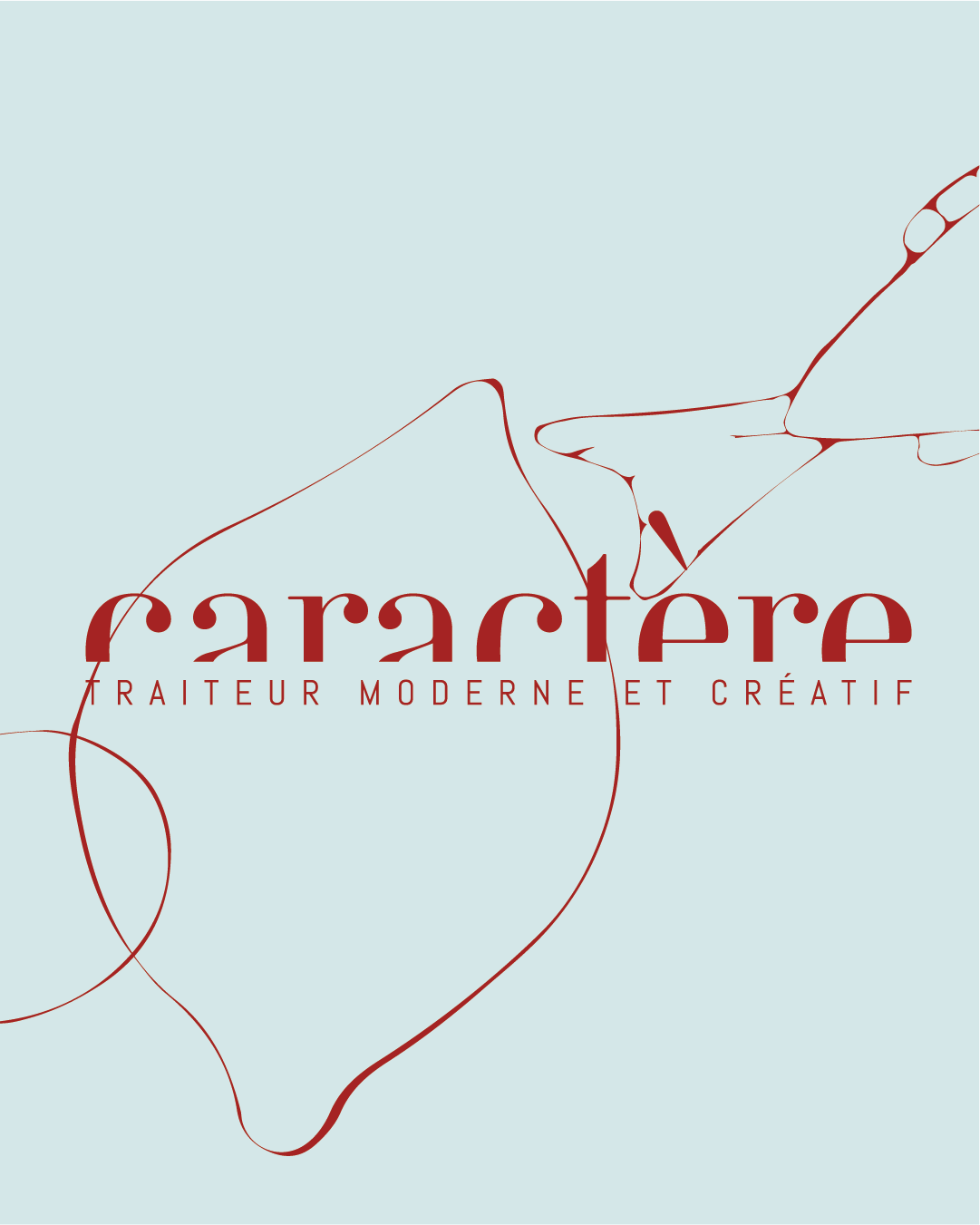 Logo de CARACTÈRE traiteur, écrit en bordeaux sur fond bleu clair avec des motifs de citron et de poisson